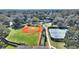 Overhead view of baseball and tennis courts with green surroundings and lush trees at 501 Richmond St, Orlando, FL 32806