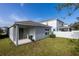 Backyard with a covered patio, green grass, and a white fence at 5029 Grand Teton Ct, Deland, FL 32724