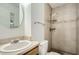Tiled bathroom featuring tiled shower, a vanity with sink, and contemporary fixtures at 830 N Sunset Dr, Mount Dora, FL 32757