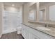 Bathroom featuring a double sink vanity, granite countertops, and a shower with a transparent door at 14322 Sw 28Th Ave, Ocala, FL 34473