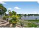 Patio view of a beautiful lake with a fountain, framed by vibrant greenery and potted plants at 2076 Shannon Lakes Blvd, Kissimmee, FL 34743