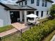 A backyard patio features a dining set with a white umbrella, perfect for outdoor dining and entertaining at 9201 Smithies St, Orlando, FL 32827