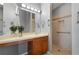 Bathroom vanity with a single sink next to a tiled walk-in shower with installed grab bars at 10473 Glassborough Dr, Orlando, FL 32825