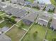 Bird's eye view of a home and yard with a screened pool enclosure and fenced backyard in a residential area at 2929 Bluestem Ln, Clermont, FL 34714