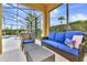 Comfortable outdoor patio with a blue sofa and cushioned wicker furniture, ideal for relaxing and enjoying the weather at 4123 Oaktree Dr, Davenport, FL 33837