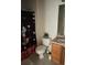 Bathroom featuring Disney-themed shower curtain and sink with vanity and leafy decor on the toilet at 4529 Alberto Cir, Kissimmee, FL 34746
