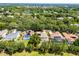 Aerial view of a property, highlighting its backyard, pool area, solar panels and the surrounding lush greenery at 8122 Westminster Abbey Blvd, Orlando, FL 32835