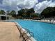 A luxurious community pool with lounge chairs, mature trees, and clear blue water at 13000 Sandy Pine Ln, Clermont, FL 34711