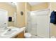 The bathroom offers a glass shower stall and a modern sink with a framed circular decor on the wall at 2409 Silver Palm Dr, Kissimmee, FL 34747