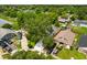 Aerial view of a home showcasing the property, driveway, and surrounding neighborhood with mature trees at 1358 Brookebridge Dr, Orlando, FL 32825