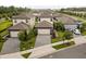Aerial view of new construction homes featuring neutral color palettes, neat landscaping, and paver driveways at 1409 Bellamy Dr, Reunion, FL 34747