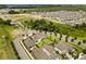 An aerial view of a new home community highlighting the landscaping and streets and pond at 1409 Bellamy Dr, Reunion, FL 34747