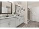 Well-lit bathroom with a double sink vanity, granite countertops, and a walk-in shower at 1409 Bellamy Dr, Reunion, FL 34747