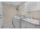 Laundry room featuring a washing machine, sink with white cabinets, and metal shelving for storage at 315 Lake Rd, Lake Mary, FL 32746