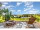 Backyard view featuring a stone patio with firepit, chair, lush greenery, and a scenic lake view at 1315 Vista Del Lago Blvd, Dundee, FL 33838