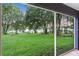 View from screened-in porch of a large, green backyard with mature trees and lake views at 16610 County Line Rd, Umatilla, FL 32784