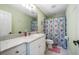 Bathroom featuring a vanity sink, floral shower curtain, and white cabinets at 16610 County Line Rd, Umatilla, FL 32784