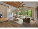 Living room with wood floors, high ceilings, wood beams, and a wall of windows overlooking the yard at 32125 Okaloosa Trl, Sorrento, FL 32776