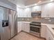 Stylish kitchen with stainless steel appliances, white cabinets, and gray backsplash at 322 E Central Blvd # 1412, Orlando, FL 32801