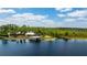 Aerial view of the waterfront home, dock, and lift with access to a large lake surrounded by lush green vegetation at 10300 Pocket Ln, Orlando, FL 32836