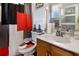 Modern bathroom with stylish vanity, decorative accents, and colorful shower curtain at 2507 Water Valley Dr, St Cloud, FL 34771