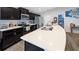 Modern kitchen featuring sleek, dark cabinetry, stainless steel appliances, and a spacious quartz countertop island at 394 Pentas Ln, Haines City, FL 33844