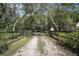 View of a long, private driveway entrance lined with trees and foliage at 42108 Pine Valley Dr, Paisley, FL 32767