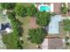Backyard aerial view with pool, trees, lake access, and covered lanai, surrounded by a lush, green landscape at 9551 Lake Douglas Pl, Orlando, FL 32817