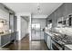 Modern kitchen features stainless steel appliances, gray cabinets, and hardwood floors at 150 E Robinson St # 407, Orlando, FL 32801
