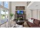 Inviting living room showcasing a stone fireplace, lake views, and comfortable seating arrangements at 2937 Butler Bay N Dr, Windermere, FL 34786