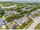 Neighborhood aerial view of a well-maintained community with lush landscaping, and a scenic lake in the background at 3711 Half Moon Dr, Orlando, FL 32812
