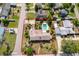 Aerial view of a private residence featuring an in-ground pool and beautifully landscaped backyard within a red-lined property at 1301 Fahnstock St, Eustis, FL 32726