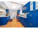 Bright kitchen featuring vibrant blue cabinets, a neutral countertop, and stainless steel appliances at 1301 Fahnstock St, Eustis, FL 32726