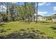 Expansive backyard with mature trees and a view of the house and pool enclosure at 14128 Bramble Bush Ct, Orlando, FL 32832