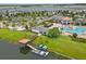 Aerial view of community amenities including pools, a clubhouse, and a scenic lake with boat access at 4802 Lullaby Ln, Kissimmee, FL 34746