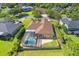 An aerial view of the home showing the pool and lush green landscaping in a neighborhood at 4951 Parkview Dr, St Cloud, FL 34771