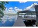 Picturesque view of the lake from a private dock with a boat lift, framed by mature trees and blue skies at 6790 Bay Shore Dr, St Cloud, FL 34771