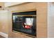 Tiled fireplace with glass doors and a cozy fire burning inside at 849 Bentley Green Cir, Winter Springs, FL 32708