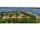 Aerial view of a neighborhood on a lake, with tile roofs, large lots, and swimming pools at 9142 Southern Breeze Dr, Orlando, FL 32836