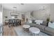 Open-concept living room featuring hardwood floors, a stylish sofa, and plenty of natural light at 9319 Marsh Oaks Ct, Orlando, FL 32832