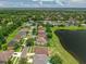 Aerial view shows a Gathering-friendly neighborhood with well-maintained homes along a serene lake at 10151 Chorlton Cir, Orlando, FL 32832