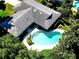 Aerial view of home featuring pool and lush landscaping, showcasing property layout at 5096 The Oaks Cir, Orlando, FL 32809