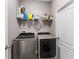 Efficient laundry room with modern washer and dryer units, complemented by functional shelving at 308 Clearwater Ln, Poinciana, FL 34759