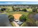 Aerial view of the community baseball field and lake, showcasing the recreational amenities and natural beauty at 25105 Laurel Valley Rd, Leesburg, FL 34748