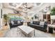 Cozy living room featuring trey ceilings, modern furniture, and a view of the pool at 5413 Via Veneto Ct, Sanford, FL 32771