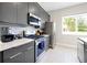 Bright kitchen with stainless steel appliances, gray cabinets and a window with views at 7770 Sandy Ridge Dr # 117, Reunion, FL 34747