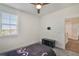 Minimalist bedroom with a ceiling fan, carpet, and natural light from the window at 965 Maypole Dr, Apopka, FL 32703