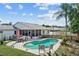 Backyard featuring a refreshing pool, patio with dining furniture, complemented by lush landscaping and a screened lanai at 109 Woodfield Ct, Sanford, FL 32773