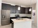 Modern kitchen boasts dark cabinets, an island, and stainless steel appliances at 11070 Longleaf Woods Dr, Orlando, FL 32832