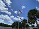 Community with American and Florida flags flying high on manicured green space at 164 Royal Palm Dr, Leesburg, FL 34748